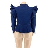 Plus Size Blue Ruffled Long Sleeve Washed Denim Peplum Zipper Coat