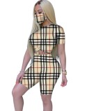 Summer Plaid Two Piece Shorts Set with Face Cover