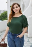 Plus Size Plain Color O-Neck Shirt with Strings Sleeves