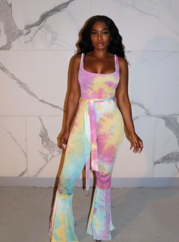 Sexy Tie Dye Wide Straps Flare Jumpsuit with Belt