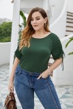 Plus Size Plain Color O-Neck Shirt with Strings Sleeves