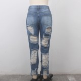 Summer High Waist Ripped Damaged Blue Jeans