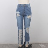 Summer High Waist Ripped Damaged Blue Jeans