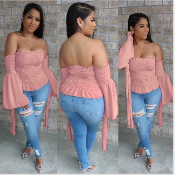 Pink Sexy Strapless Ruched Top with Sleeves