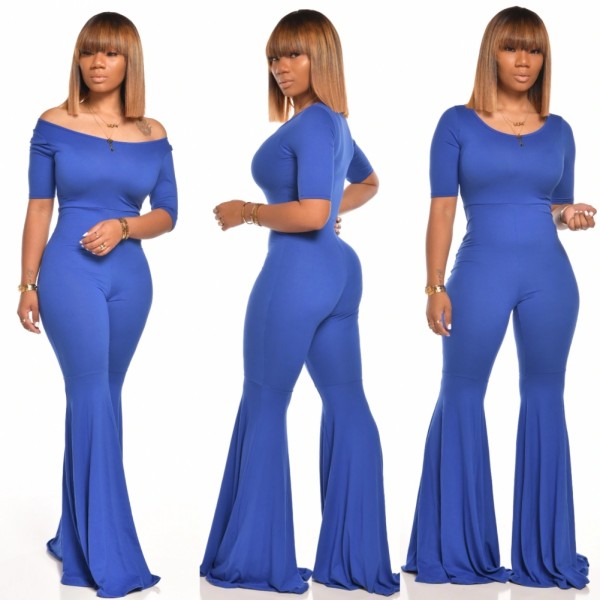 Solid Color Round Neck Flare Jumpsuit