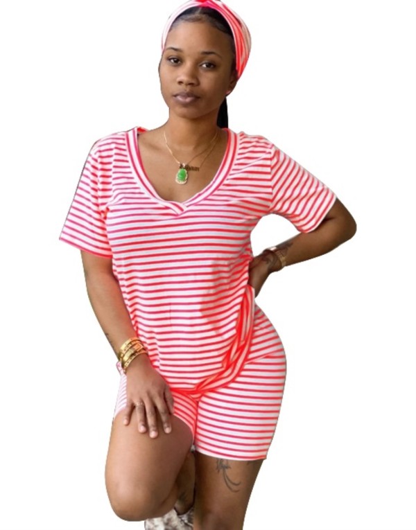 Summer Striped Two Piece Shorts Pajama Set with Headband