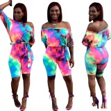 Tie Dye Off the Shoulder Rompers with Belt