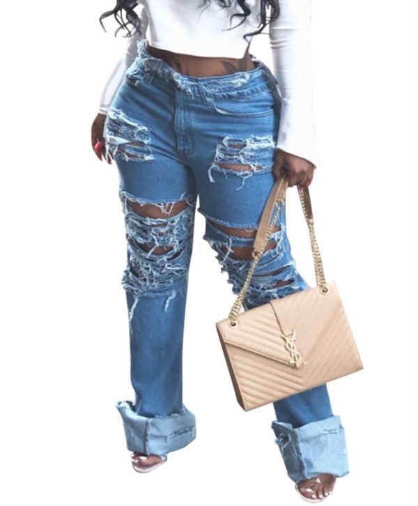 Stylish High Waist Ripped Jean Trousers