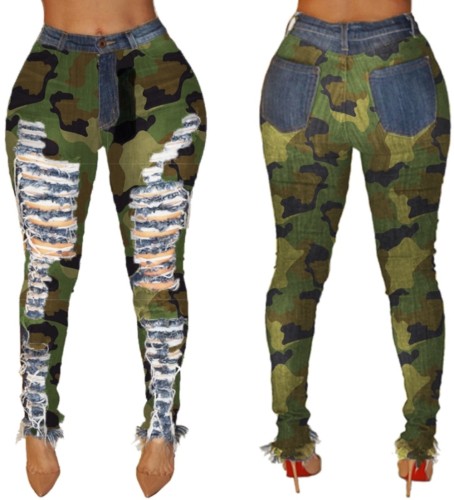 Camou Print High Waist Ripped Jean Trousers
