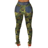 Camou Print High Waist Ripped Jean Trousers