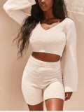 Casual Two Piece Plush Crop Top and Shorts