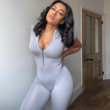 Sexy Solid Color Short Sleeve Zipper Bodycon Jumpsuit