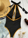 Sexy Black One Piece Deep-V Swimwear with Contrast Trims