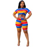 Summer Colorful Striped Crop Top and Shorts Set