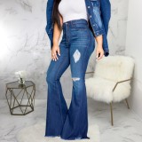 Stylish Blue High Waist Rip Flare Jeans