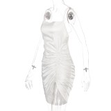 Sexy White Ruched Irrgular Strap Party Dress