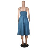 Blue Denim Strap Skater Dress