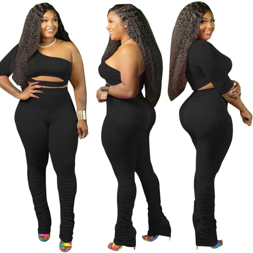 Wholesale Plus Size One Shoulder Crop Top and Stacked Pants Set ...