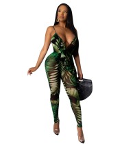 Sexy impressão verde cinta Bodycon Jumpsuit