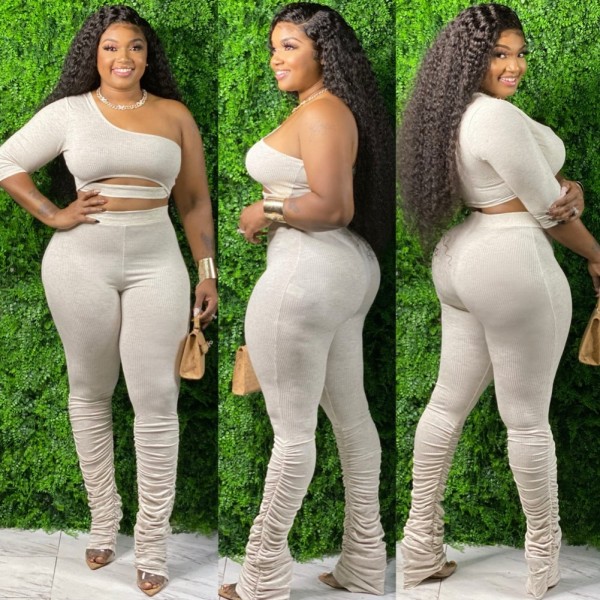 Plus Size Two Piece One Shoulder Stacked Pants Set