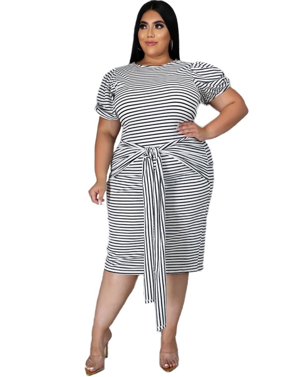 Wholesale Plus Size Summer Striped Midi Dress with Belt | Global Lover