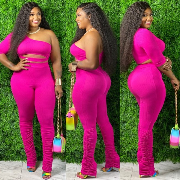 Plus Size Two Piece One Shoulder Stacked Pants Set