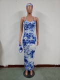 Sexy Tie Dye Strap Maxi Dress with Face Cover and Headband