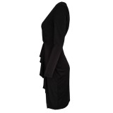 Fall Black V-Neck Ruffles Midi Dress