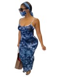 Sexy Tie Dye Strap Maxi Dress with Face Cover and Headband