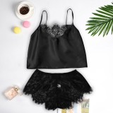 Summer Two Piece Satin and Lace Shorts Pajama Set