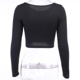 Fall Black Button Up Crop Top with Full Sleeves