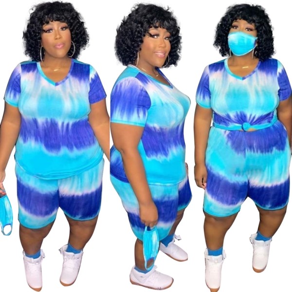 Plus Size Summer Tie Dye Two Piece Shorts Set with Face Cover