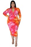 Plus Size Zipper Floral Midi Dress with Full Sleeves