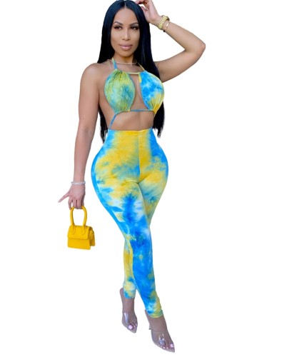 Sexy Tie Dye Halfter Bodycon Overall