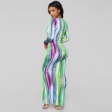 Fall Tie Dye V-Neck Maxi Dress with Full Sleeves
