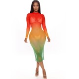 Sexy Gradient Midi Dress with Full Sleeves