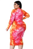 Plus Size Zipper Floral Midi Dress with Full Sleeves