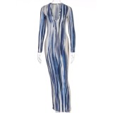 Fall Tie Dye V-Neck Maxi Dress with Full Sleeves