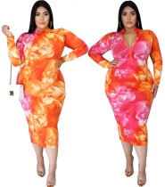 Plus Size Zipper Floral Midi Kleid mit vollen Ärmeln
