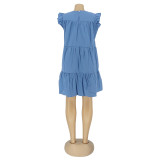 Summer Blue Cotton Cute Plain A-line Shirt Dress
