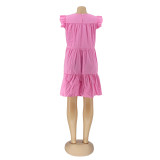 Summer Pink Cotton Cute Plain A-line Shirt Dress