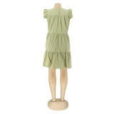Summer Green Cotton Cute Plain A-line Shirt Dress