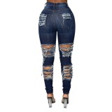 Blue High Waist Tight Ripped Jeans