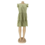 Summer Green Cotton Cute Plain A-line Shirt Dress