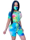 Summer Two Piece Tie Dye Shorts Set with Face Cover
