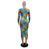 African Floral Long Sleeve Midi Dress