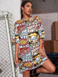 Summer Cartoon Print Hippie Shirt Dress