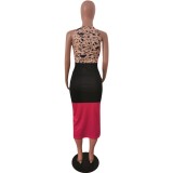 Leopard Print Sleeveless Contrast Midi Dress