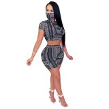 Summer Matching Two Piece Print Shorts Set with Face Cover