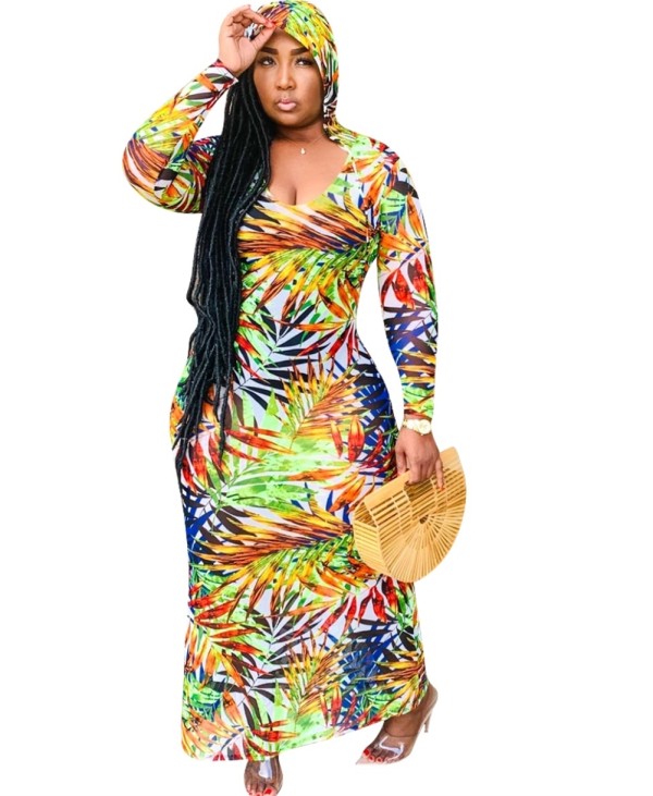 Autumn Print Hoodie Long Dress with Full Sleeves